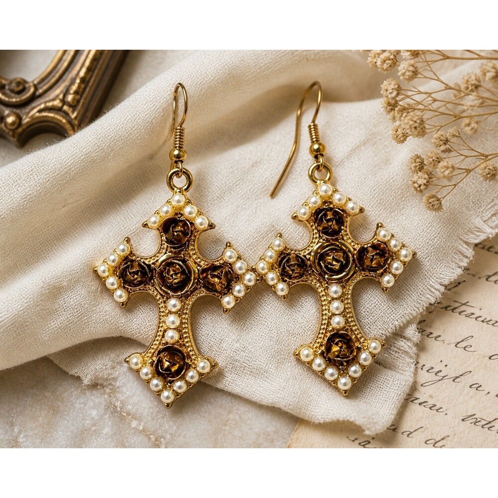 Vintage Gold Cross Earrings Pearl Rose Dangle Boho Maximalist Statement Jewelry